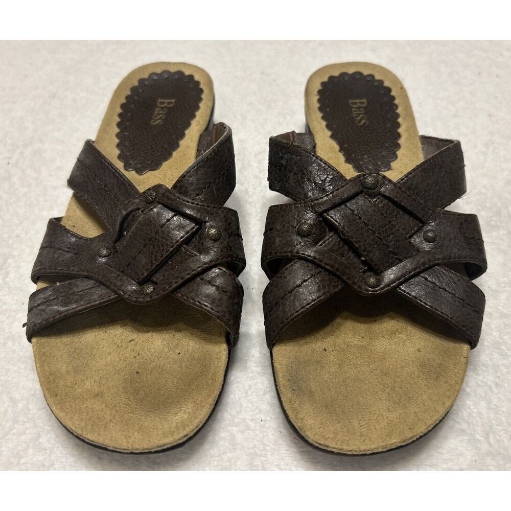 BASS Gloria Women’s Leather Sandals Size 7M Slip On Open Toe Wedge Flip Flops